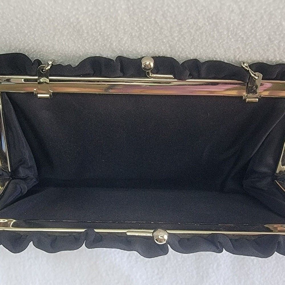 Vintage Satin Evening Clutch Hand Purse Little Black Bag Silver Tone Metal GUC - Picture 5 of 8